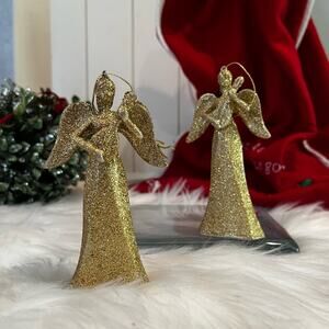 NEW Pottery Barn Winged Angels Sparkling Glitter Ornaments Set 2 Gold NWOT